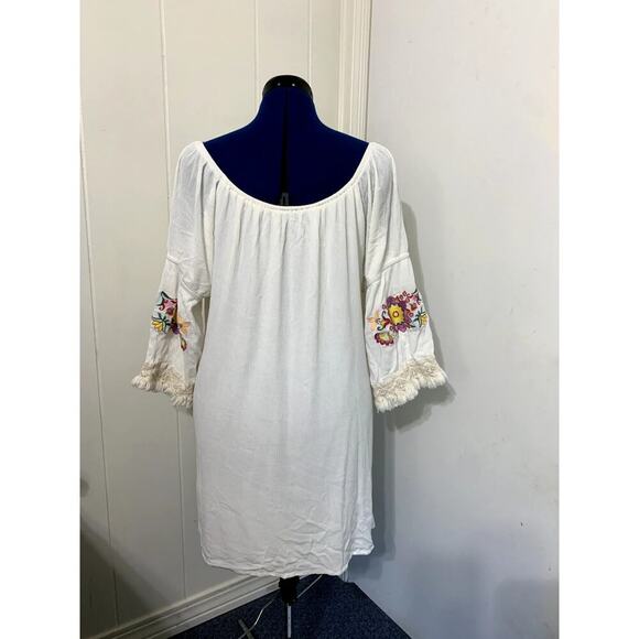 Anthropologie Entro Cream Mini Dress Small Peasant Embroidered 3/4 Sleeves - Picture 3 of 6